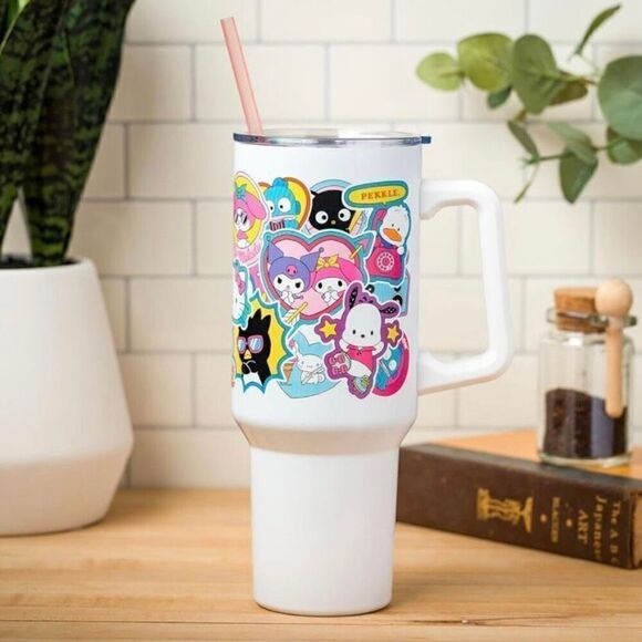 Hello Kitty Sanrio 40oz Tumbler w/ Handle & Straw Sticker Collage Design - Picture 8 of 15